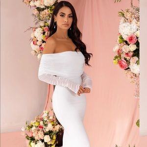 White jumper with feathers & white dress